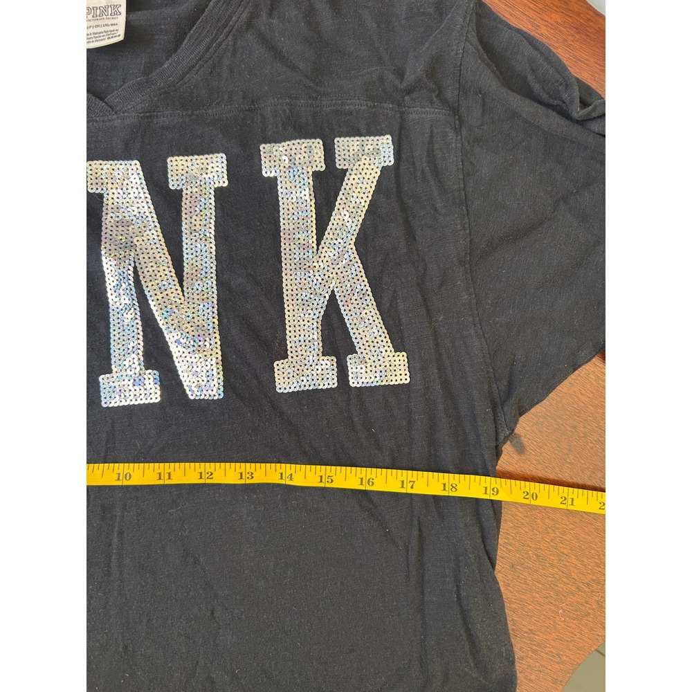 Victoria's Secret PINK Black Sequin V-Neck Jersey Tee 3/4 Sleeve Small - Picture 5 of 6